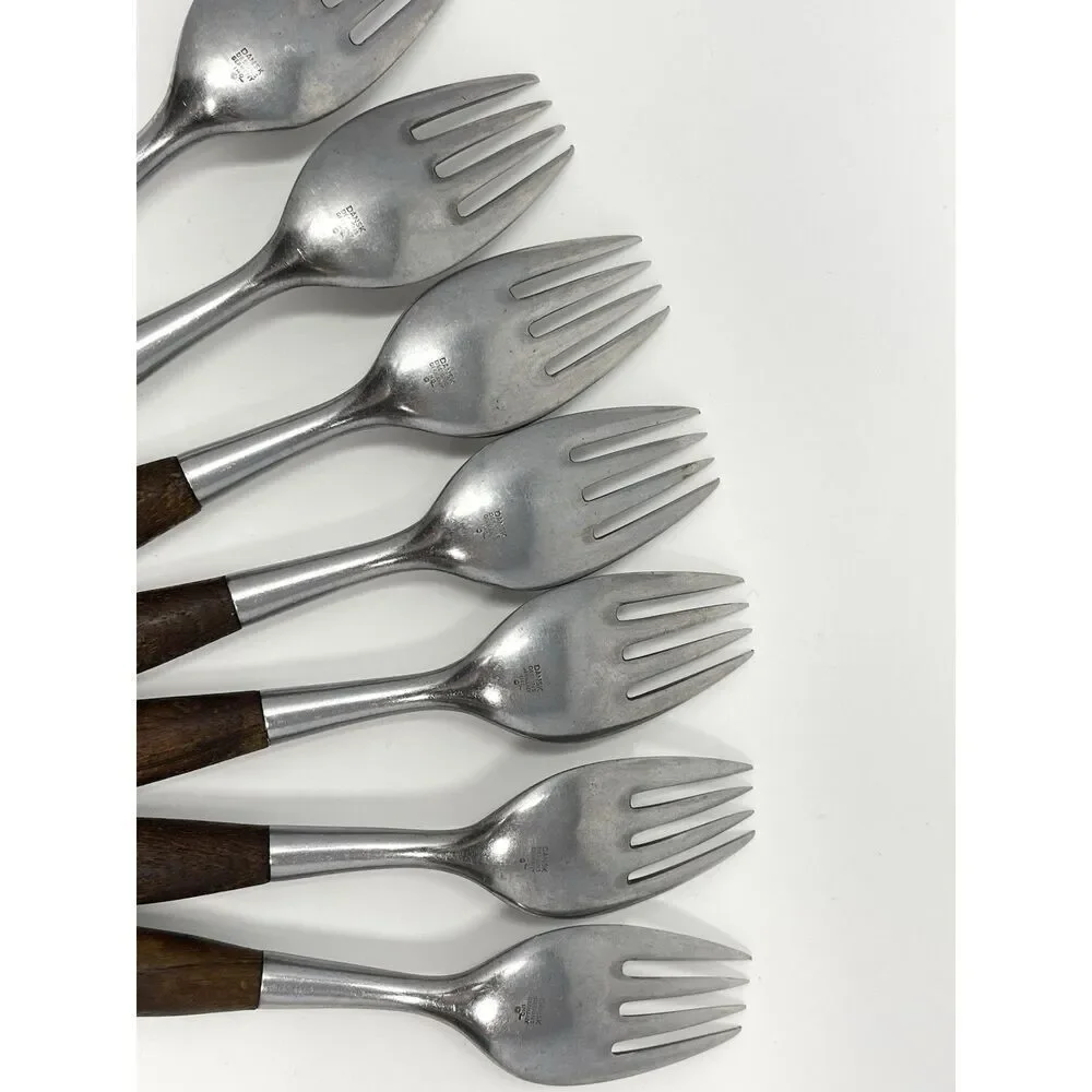 Dansk FJORD Dinner Forks Teak Handle Stainless Steel Germany 7 1/8” Set Of 7
